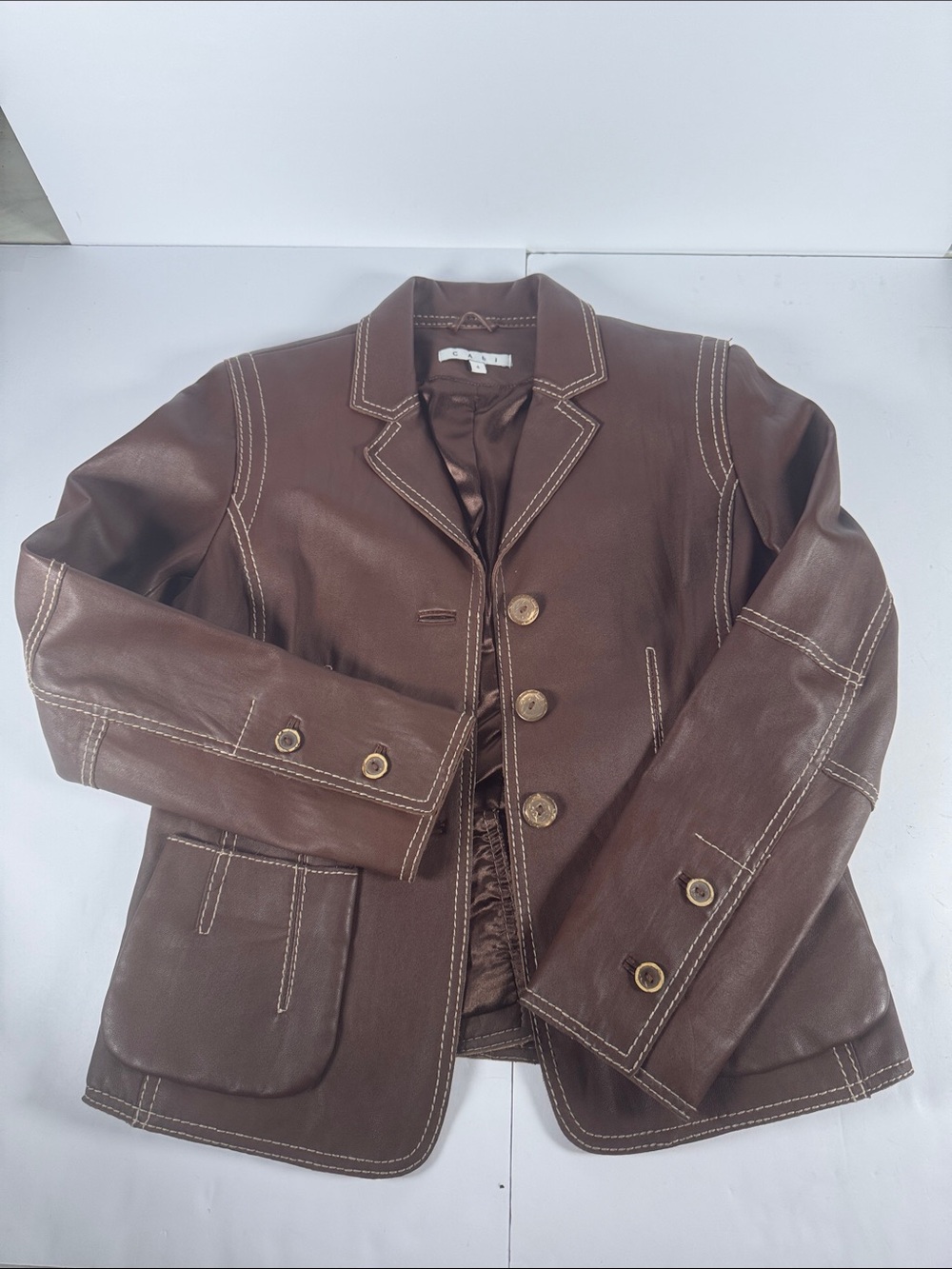 CAbi Brown Leather Button-Front Women's Jacket